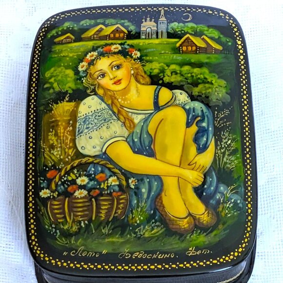 Vintage Russian USSR Signed Fedoskino Summer Lacquer Jewelry Trinket Box 5.5"x4" - Picture 2 of 12